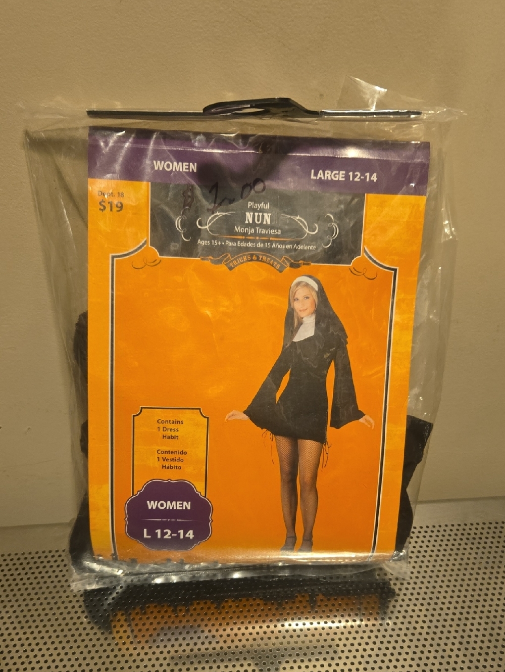 Playful Nun Costume Dress - Black with White Collar (Women L 12-14)